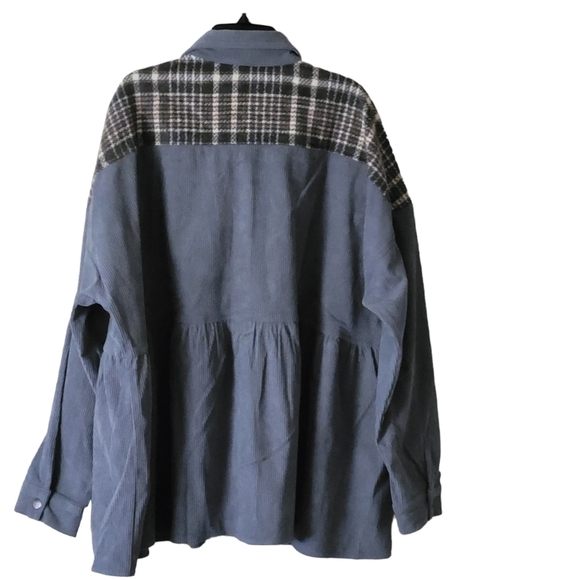 Ces Femme Blue Plaid Contrast Ribbed Oversized Jacket Shacket Baggy Top Shirt - Picture 4 of 12